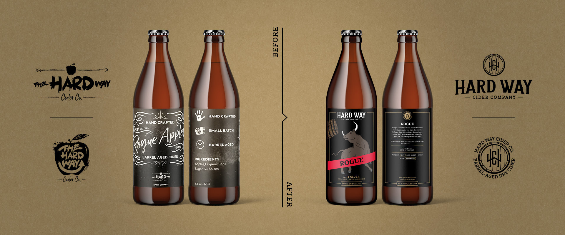 Hard Way Cider bottle design before and after